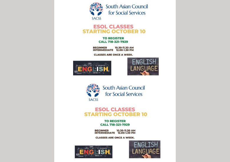 Free, basic and advanced ESOL (English to Speakers of Other Languages) classes every Monday at SACSS