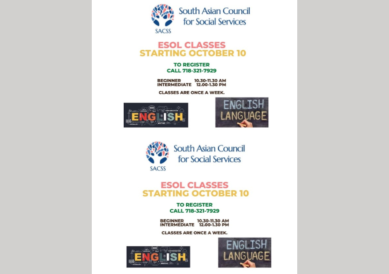 Free, basic and advanced ESOL (English to Speakers of Other Languages) classes every Monday at SACSS